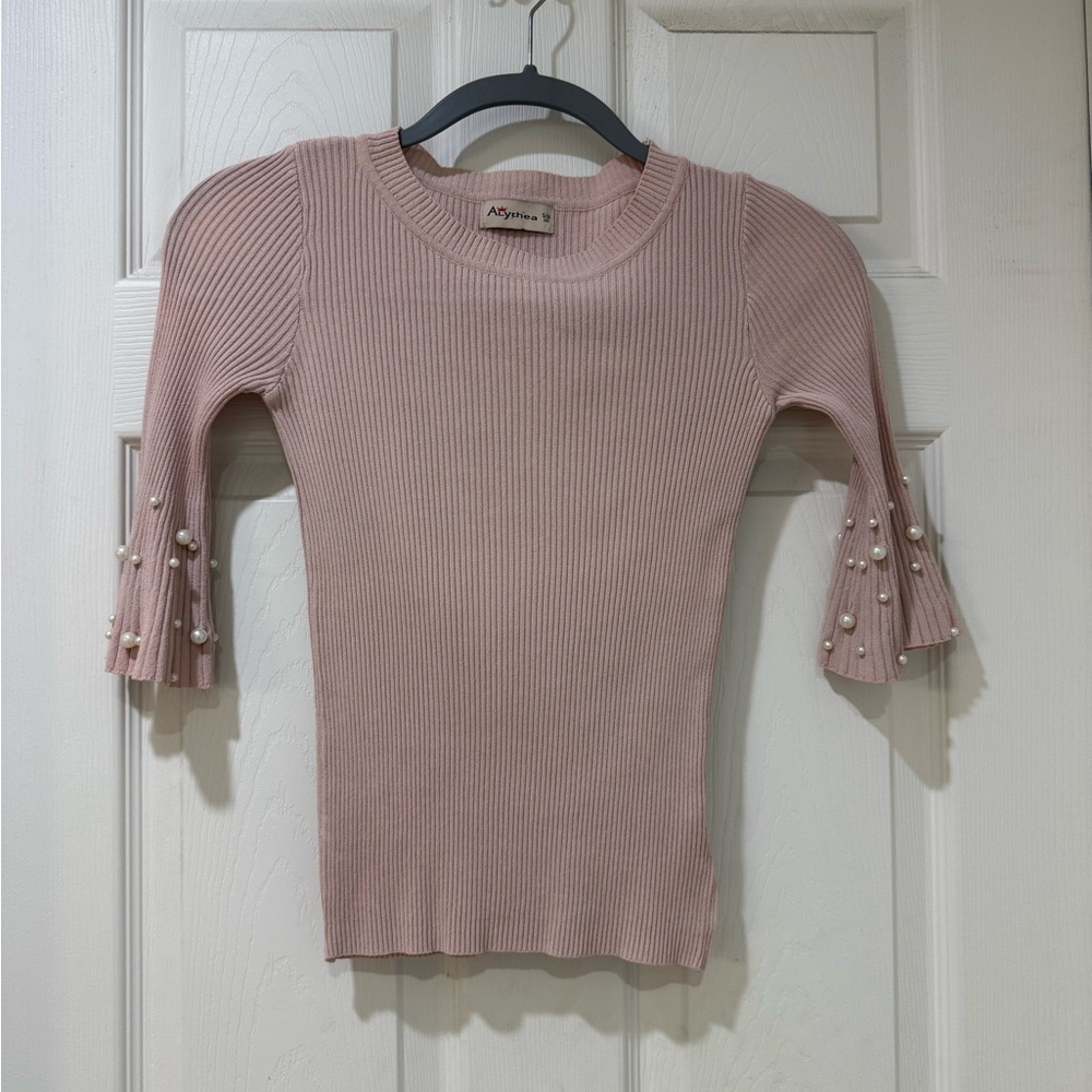 Blush Pink Top with Pearl Sleeve Detailing 💕